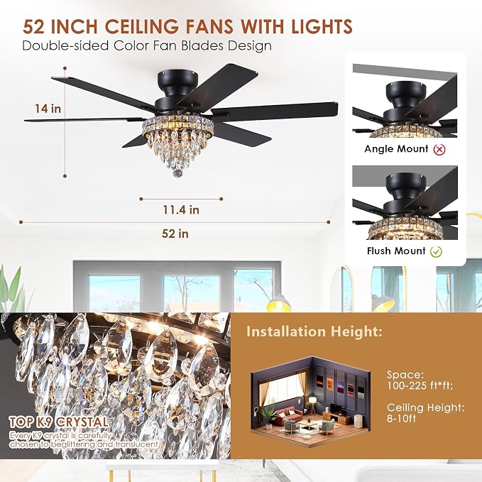 Asyko 52" Low Profile Crystal Ceiling Fans with LED Lights and Remote/APP | Supports Remote and APP,Reversible 6 Wind Speeds,30W Quiet DC Motor,6 Wood Blades,Dimmable 30W LED,Suits for Bedroom Kitchen