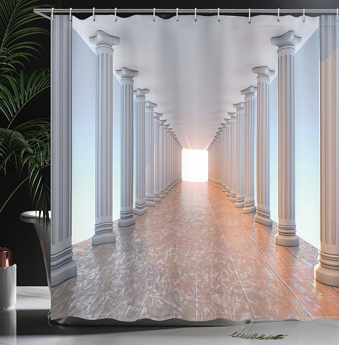 Ambesonne Vintage Shower Curtain, Corridor with Columns Marble Floor Old Library Classic Government Buildings Vintage Deco, Cloth Fabric Bathroom Decor Set with Hooks, 69" W x 70" L, Amber