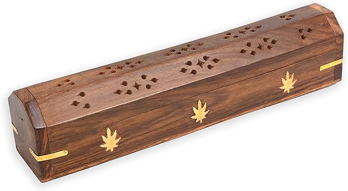 Incense Garden Pack of 2 Incense Stick Holder - Coffin Style - Wood Incense Stick Burner with Kush Inlays (Natural) Handmade with Brass Inlays