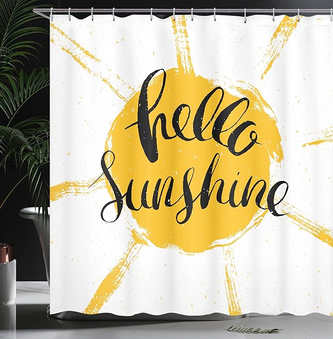 Ambesonne Hello Sunshine Shower Curtain, Vintage Composition with Words and Grunge Sun, Cloth Fabric Bathroom Decor Set with Hooks, 69" W x 70" L, Earth Yellow Grey