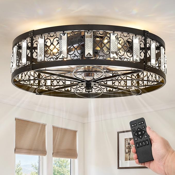 LEDIARY 20" Caged Ceiling Fans with Lights,Flush Mount Vintage Victorian Rustic Crystal Fandelier,Low Profile Farmhouse Enclosed Ceiling Fan with Light and Remote for Bedroom,Kitchen,Indoor(Black)