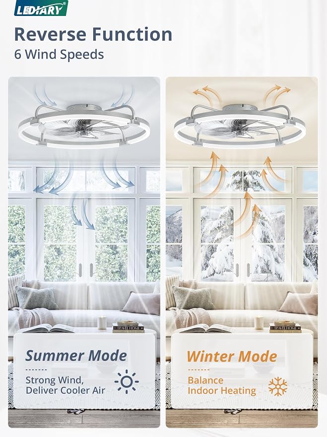 LEDIARY Ceiling Fans with Lights and Remote, 24'' Low Profile Ceiling Fan with Light, 3000-6000K Dimmable Fandelier LED Fan Light, 6 Wind Speeds, Grey Modern Flush Mount Ceiling Fan for Bedroom