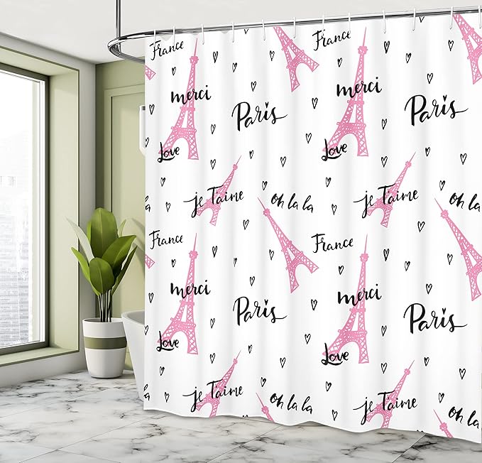 Ambesonne Eiffel Tower Shower Curtain, France Paris Oh La La Eiffel Tower Hearts Calligraphy Doodle Style Artwork, Cloth Fabric Bathroom Decor Set with Hooks, 69" W x 70" L, Black Pink