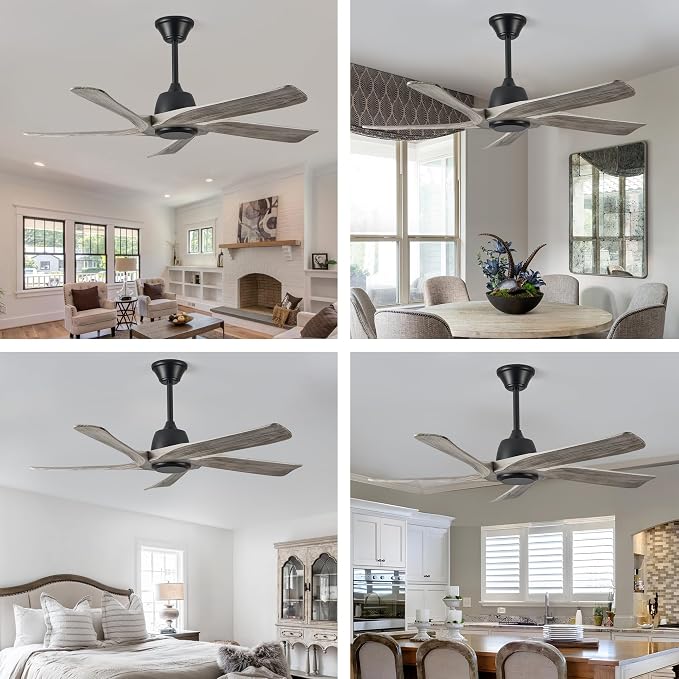 52“ DC Ceiling Fan without Light, 5 Solid Wood Fan Blades, Remote and APP Control, 6-speed Reversible, Noiseless Ceiling Fan No Lights for Bedroom, Living Room, Office, Greywood