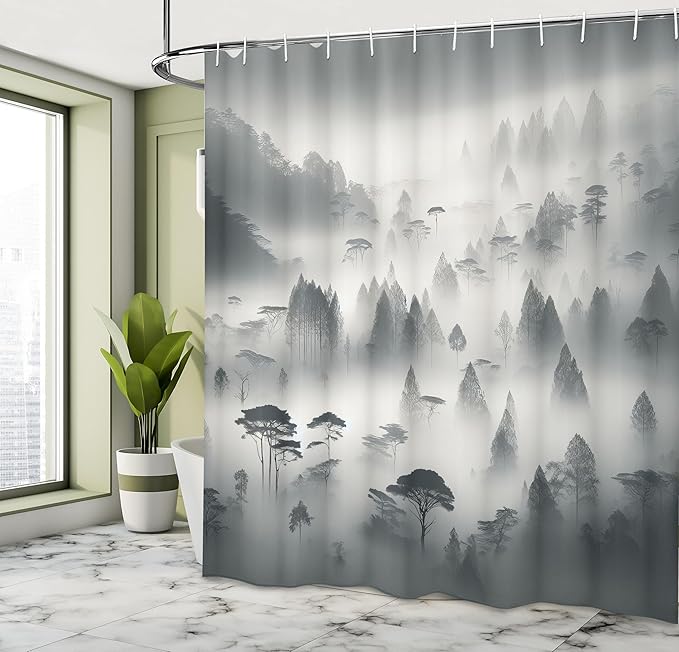 Ambesonne Grey Shower Curtain, Misty Woodland Scenario with Mountains and Trees Monochrome Autumnal, Cloth Fabric Bathroom Decor Set with Hooks, 69" W x 84" L, Dark Cadet Blue Off White