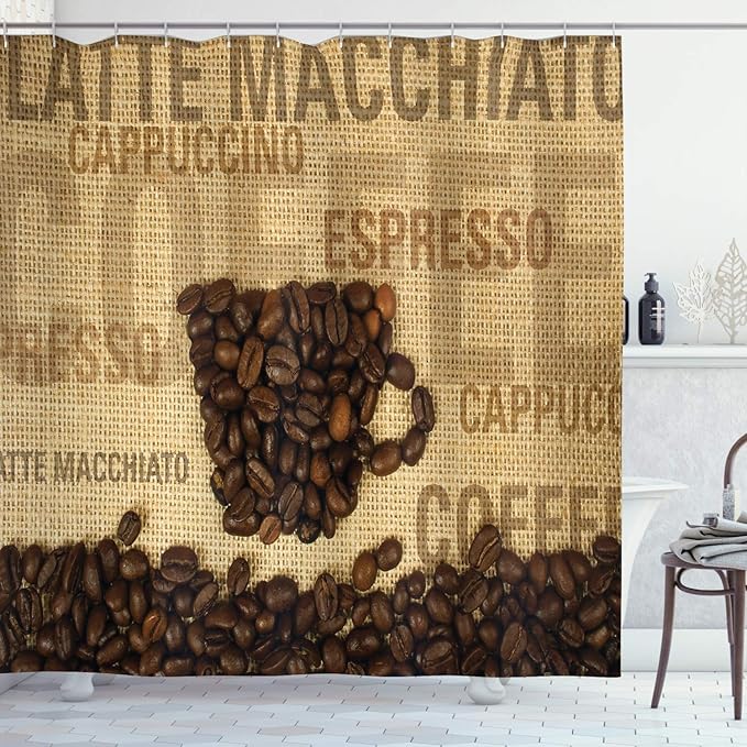 Ambesonne Coffee Shower Curtain, Coffee Beans Shaped in Mug and Coffee Types Letterings Art Print, Cloth Fabric Bathroom Decor Set with Hooks, 69" W x 75" L, Dark Brown Pale Brown