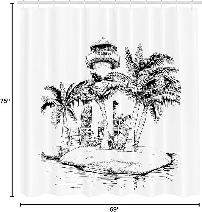 Ambesonne Tropical Shower Curtain, Lighthouse on The Island Surrounded with The Palm Trees an Exotic Landscape Sketchy Artwork, Fabric Bathroom Decor Set with Hooks, 69" W x 75" L, Black and White