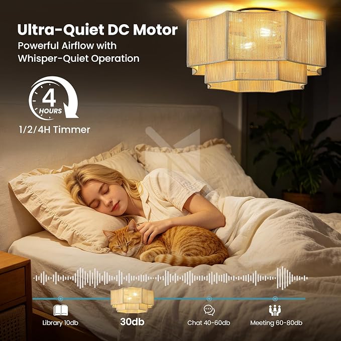 Boho Ceiling Fan with Light, 20'' Flush Mount Caged Ceiling Fan with Light Remote Control, Low Profile Fandelier with 6 Speeds for Bedroom, Living Room