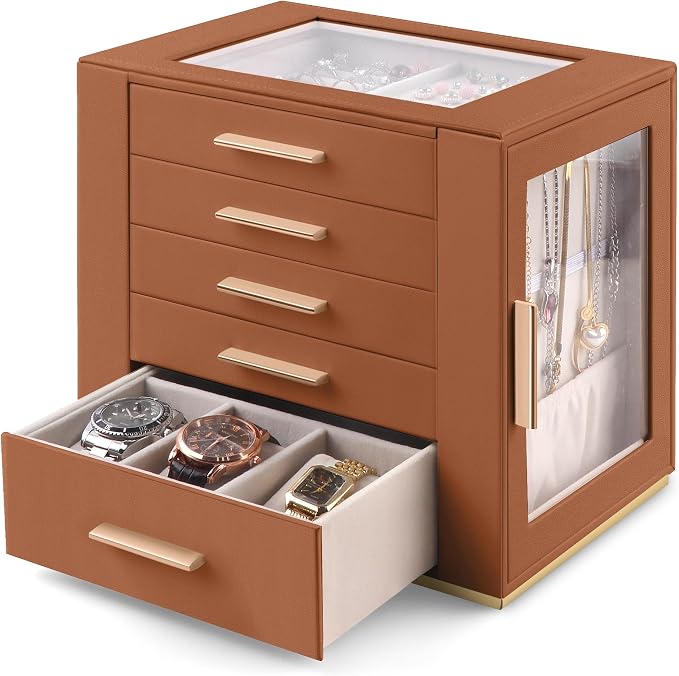 Homeanda Jewelry Box for Women with Glass Lid, 5 Drawers Jewelry Organizer and Storage for Necklaces, Rings, Earrings, Bracelets, Gift for Girls and Teens,PU Leather (Brown)