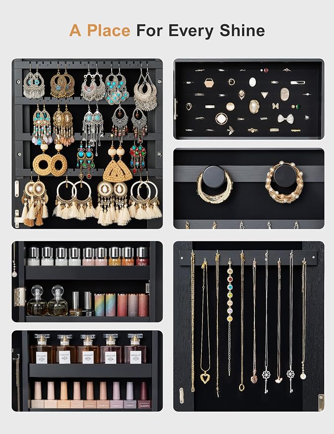 Nicetree Mirror Jewelry Cabinet Standing, Lockable Jewelry Cabinet Armoire with 2 Drawers, Full Length Mirror with Jewelry Storage, Gift Idea, Black