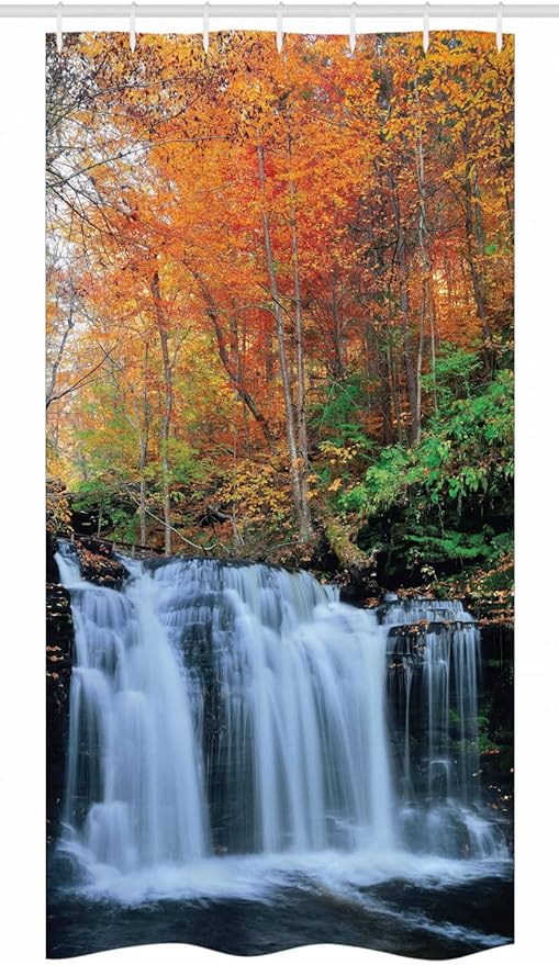 Ambesonne Waterfall Stall Shower Curtain, Waterfalls in Autumn Season Nature Park with Colorful Foliage Trees, Fabric Bathroom Decor Set with Hooks, 36" W x 72" L, Brown Orange
