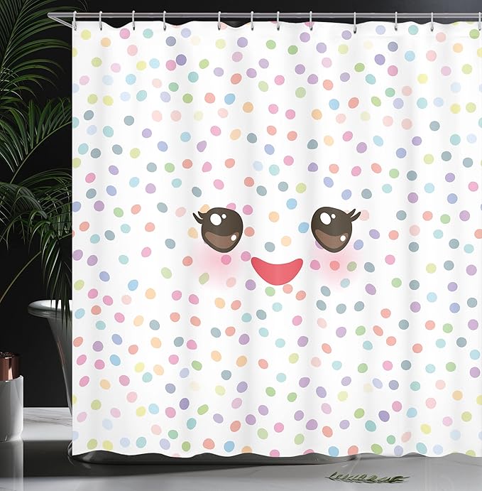 Ambesonne Eyelash Shower Curtain, Kawaii Funny Muzzle Pastel Tone Cheeks and Eyes on Colorful Polka Dots Backdrop, Cloth Fabric Bathroom Decor Set with Hooks, 69" W x 84" L, Brown Multicolor