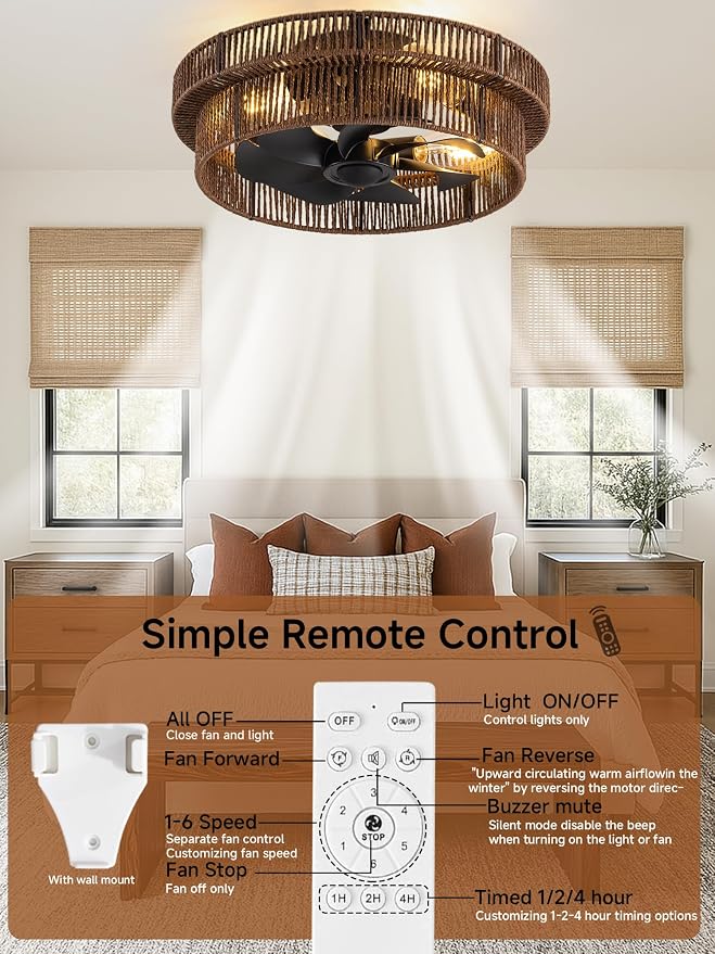 Handwoven Boho Ceiling Fans with Lights Flush Mount,Black Farmhouse Caged Fandelier Low Profile Enclosed Chandelier Fan with 6 Speeds for Bedroom,Nursery,Dining Room(Rattan Brown)