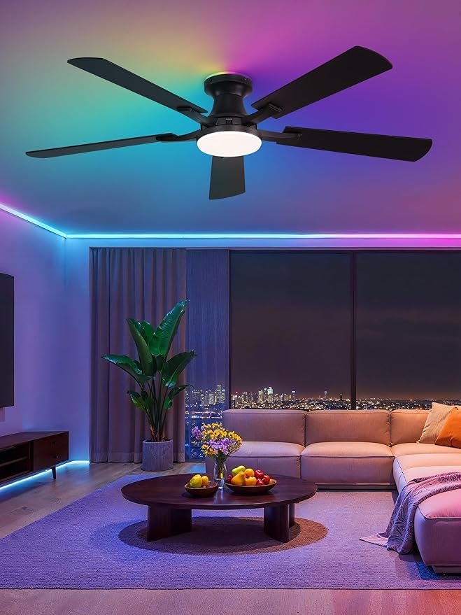 ZMISHIBO 52 Inch Smart Ceiling Fans with RGB Lights, Low Profile Flush Mount Ceiling Fan with Alexa/App/Remote Control, Dimmable 20W LED Light, Black Modern Fan for Living Room, Bedroom, Game Room