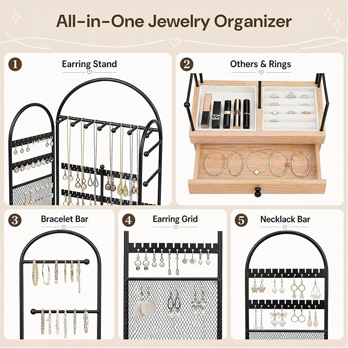 Jewelry Holder, Jewelry Storage Organizer Stand with Velvet Tray & Drawer, Earring Holder & Necklace Display, Multi-section Storage for Necklace, Earrings, Rings, Bracelets, Watches, Gift Idea