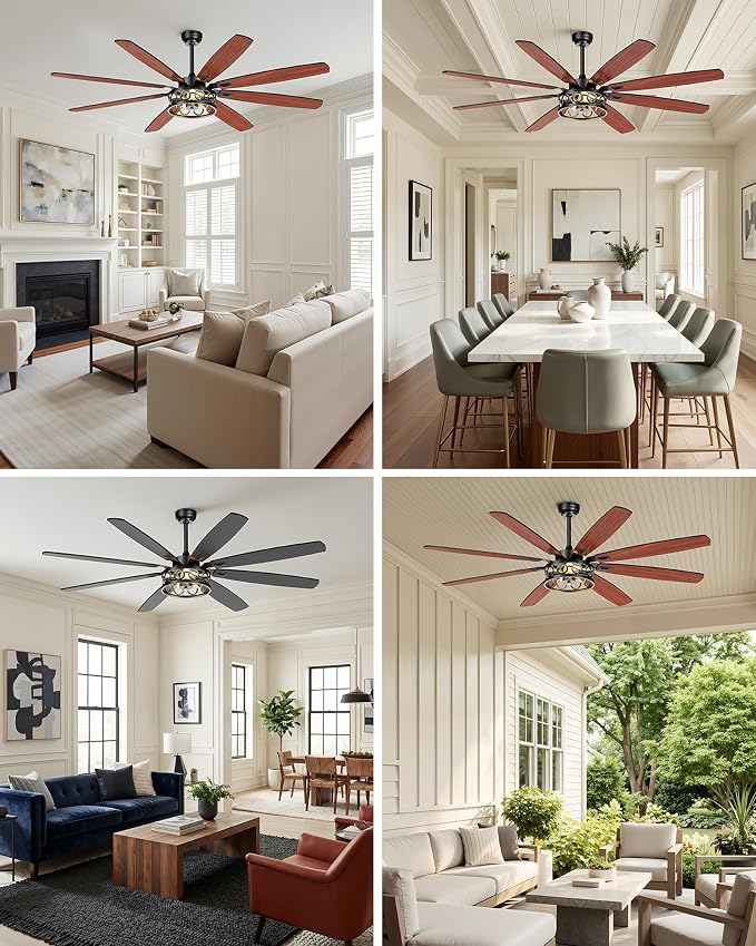 Ceiling Fans with Lights and Remote, 72'' Vintage Caged Ceiling Fan with Light, 8 Blades, 6+1 Speed, Flush Mount Ceiling Fan Whisper-quiet for Farmhouse, Living Room, Kitchen and Porch (72 Inch)