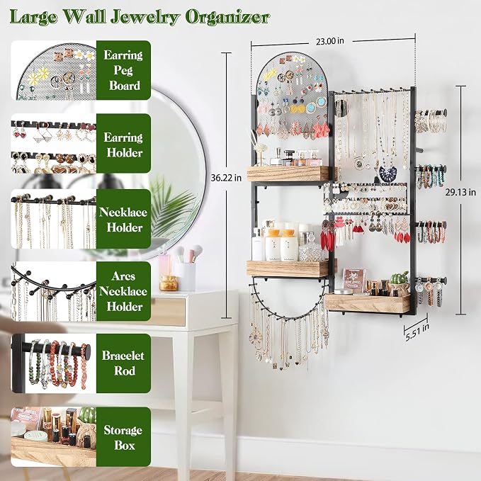 Keebofly Large Jewelry Organizer - Big Wall Mount Hanging Jewelry Holder Display for Earrings, Rings, Necklaces, Bracelets, Makeup, Perfume & Watches