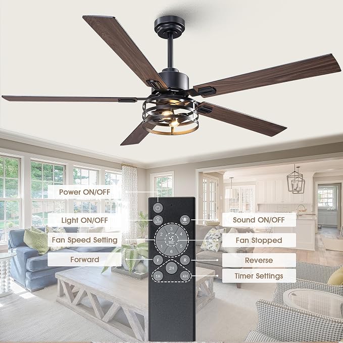 60" Farmhouse Ceiling Fans with Lights, Large Ceiling Fan with Remote for Living Room,5 Dual Finish Blades, 6 Speeds Adjustable & Reversible DC Motor, Rustic Ceiling Fan for Living Room & Bedroom
