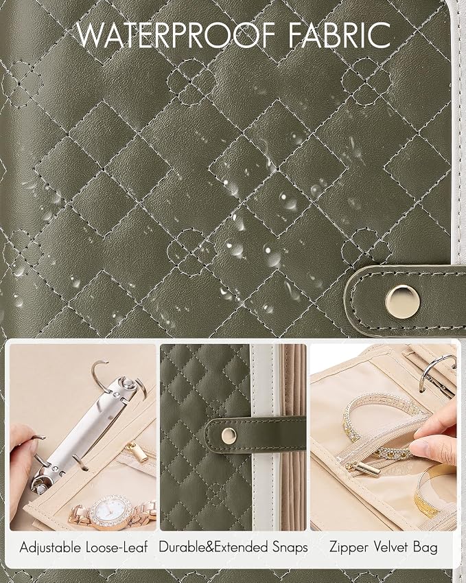 VLANDO Travel Jewelry Organizer Case,Mom Gifts from Daughter,Jewelry Storage Book Ring Binder with Clear Zipper Velvet Jewelry Pouch Bag,Travel Essentials for Rings,Necklace,Earrings-Olive Green