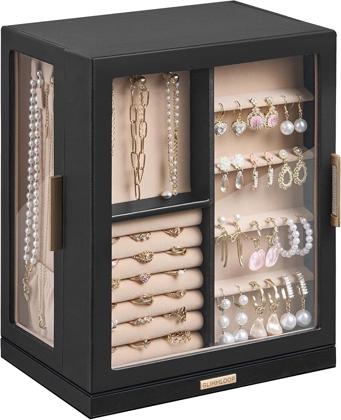 Glimmloop 360° Rotating Jewelry Box with 5 Drawers, Spacious Vertical Jewelry Organizer with Glass Window, Jewelry Storage Case, Dustproof & Moisture-resistant Design, Black