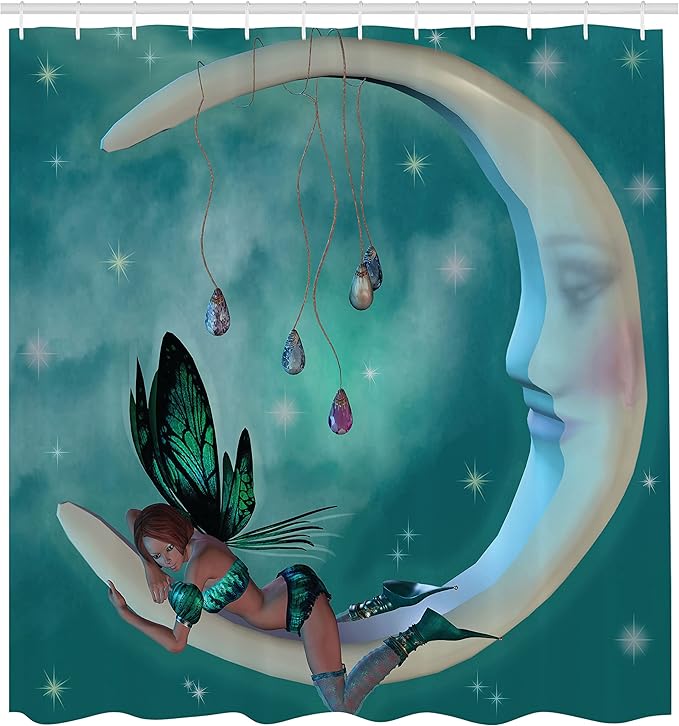 Ambesonne Moon Shower Curtain, Elf with Wings Toonimal Faeire Pixie Starry Sky Cosmic Artwork, Cloth Fabric Bathroom Decor Set with Hooks, 69" W x 70" L, Teal White