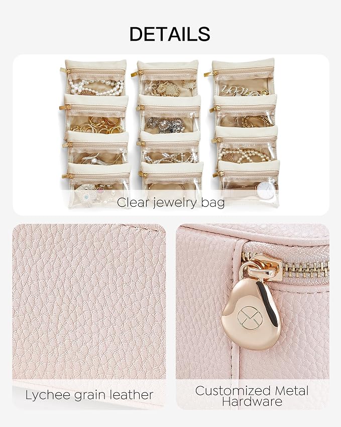 VLANDO Jewelry Box Organzier for Travel,Graduation Gifts for Daughter,Jewelry Case with 12 Pcs Velvet Jewelry Bags for Earrings Necklace Rings,Valentine's Day,Birthday, Wedding Gift for Wome-Pink