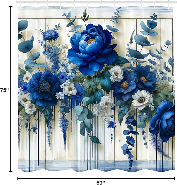 Ambesonne Blue Shower Curtain, Peony Daisy and Wild Flowers with Eucalyptus Branches on Rustic Backdrop, Cloth Fabric Bathroom Decor Set with Hooks, 69" W x 75" L, Teal and Dark Turquoise