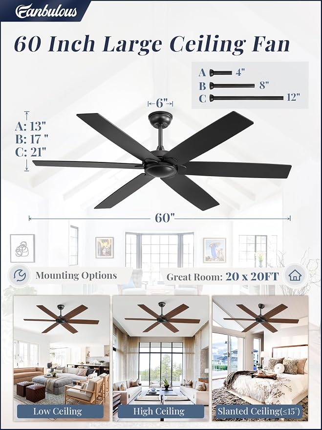 Fanbulous 60 inch Ceiling Fan No Light with Remote | Without Light, Remote Control, Flush Mount Low Profile, Quiet DC Motor & Reversible, Indoor/Outdoor