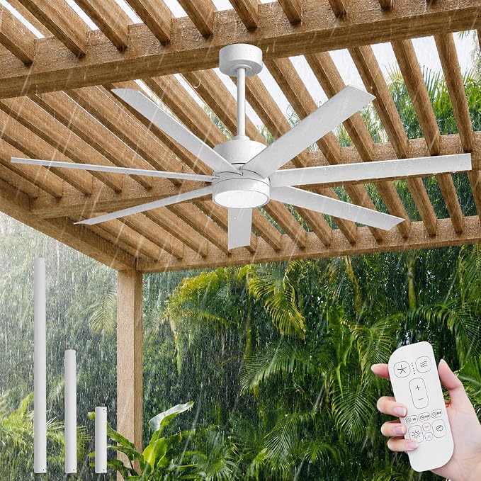 56 Inch Wet Rated Outdoor Ceiling Fan with Light for Patio, All Weather Waterproof, 7 UV-Proof White Blades with Remote, 7793 CFM High Airflow, ETL Listed Quiet DC Motor, for Exterior Porch, Gazebo