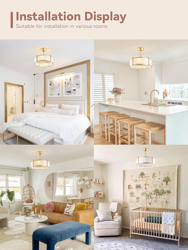 20" Gold Fandelier Ceiling Fans with Lights, Boho Rattan Ceiling Fan with Light Remote Control, Caged Mid-Century Modern with 6 Speeds for Bedroom, Nursery, Living Room