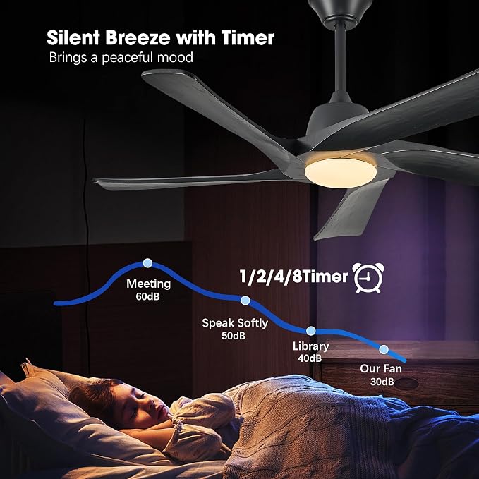 Ceiling Fan with Light, 52 Inch Solid Wood Ceiling Fans, Remote and APP Control, 3-color Dimmable, DC Motor, 6-speed Reversible, for Bedroom, Living Room, Black