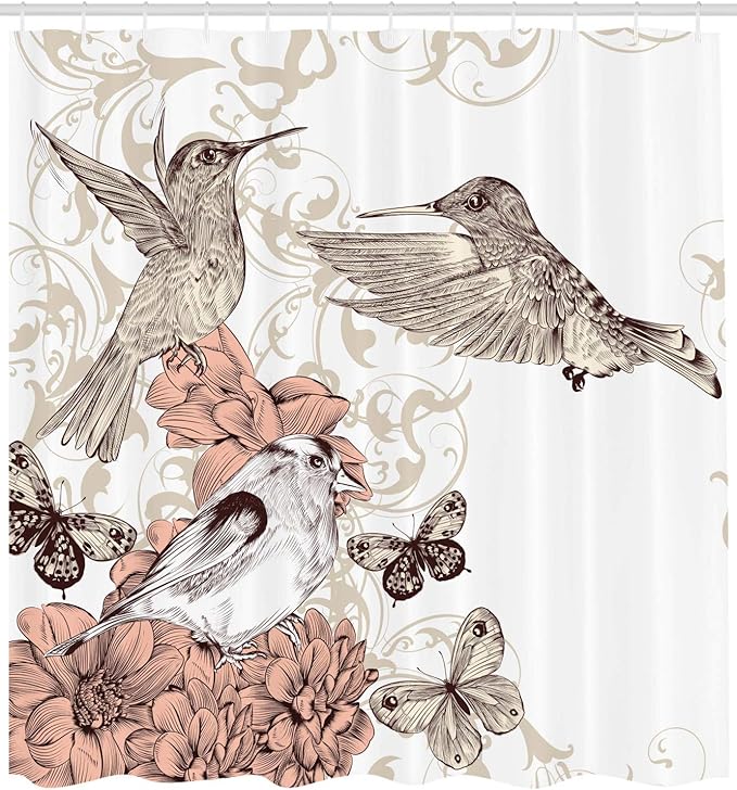 Ambesonne Hummingbird Shower Curtain, Vintage Style Art with Birds Butterflies on Blossoms Ornamental Background, Cloth Fabric Bathroom Decor Set with Hooks, 69" W x 70" L, Brown Tan