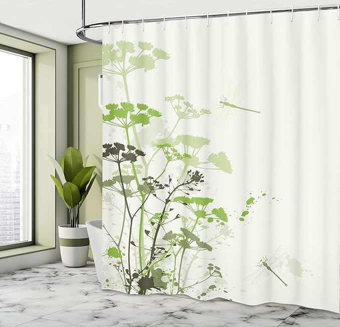 Ambesonne Dragonfly Shower Curtain, Minimalist Foliage and Herbs Illustration with Dragonflies Winged Insects Mystic, Cloth Fabric Bathroom Decor Set with Hooks, 69" W x 75" L, Beige Green