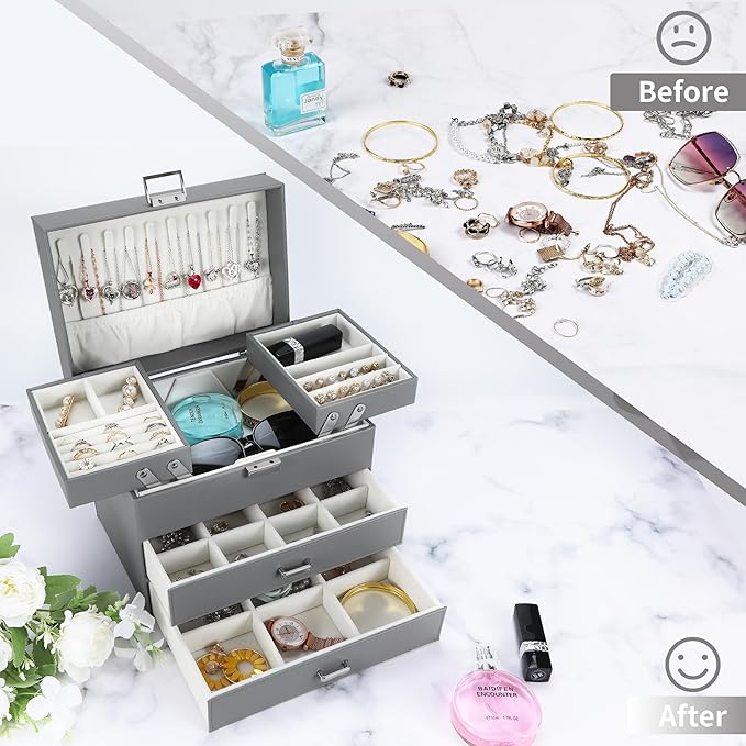 Dajasan Jewelry Organizer Box, Large Jewelry Boxes for Women Girls, Space-Saving 4 Layers Jewelry Storage Case with Drawer, Movable Metal Stand, Modern, Gift Idea (Grey)