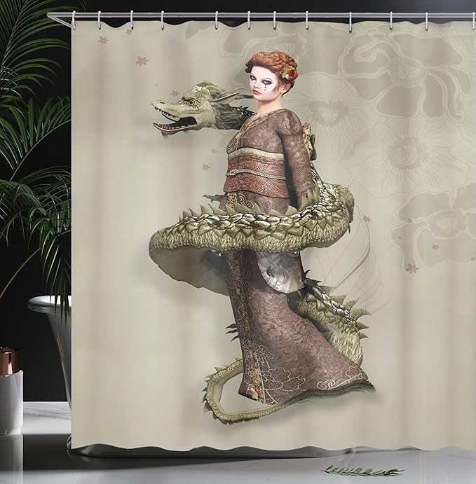 Ambesonne Fantasy Shower Curtain, Westernly Geisha with Cry Make-Up Wrapped by Spiralling Dragon, Cloth Fabric Bathroom Decor Set with Hooks, 69" W x 75" L, Eggshell Green