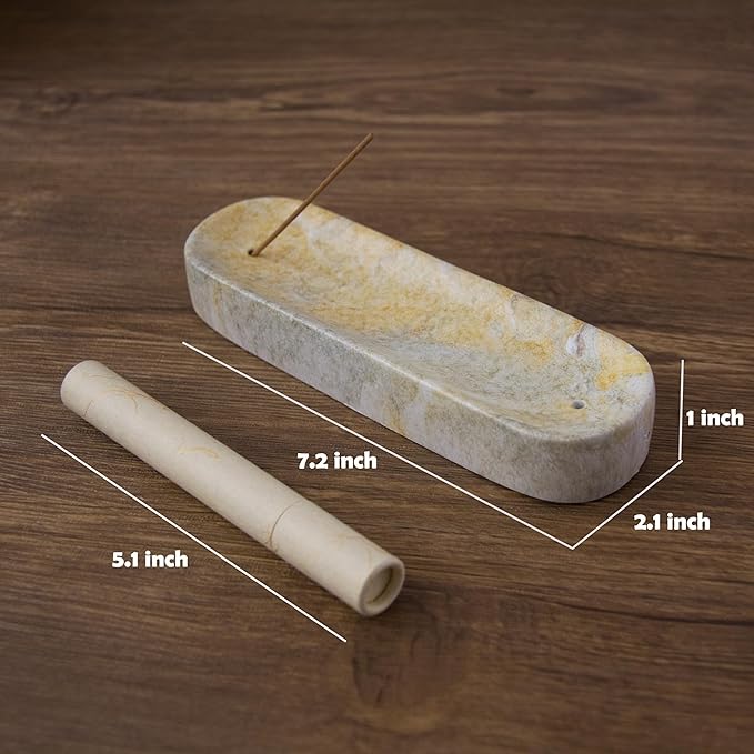 Marble-Patterned Concrete Incense Holder, with A Box of Jasmine Incense, 7.1 Inch Catches Falling Incense Ash, A Poetic and Artistic Gift for Yoga＆Meditation(GreenYellow)