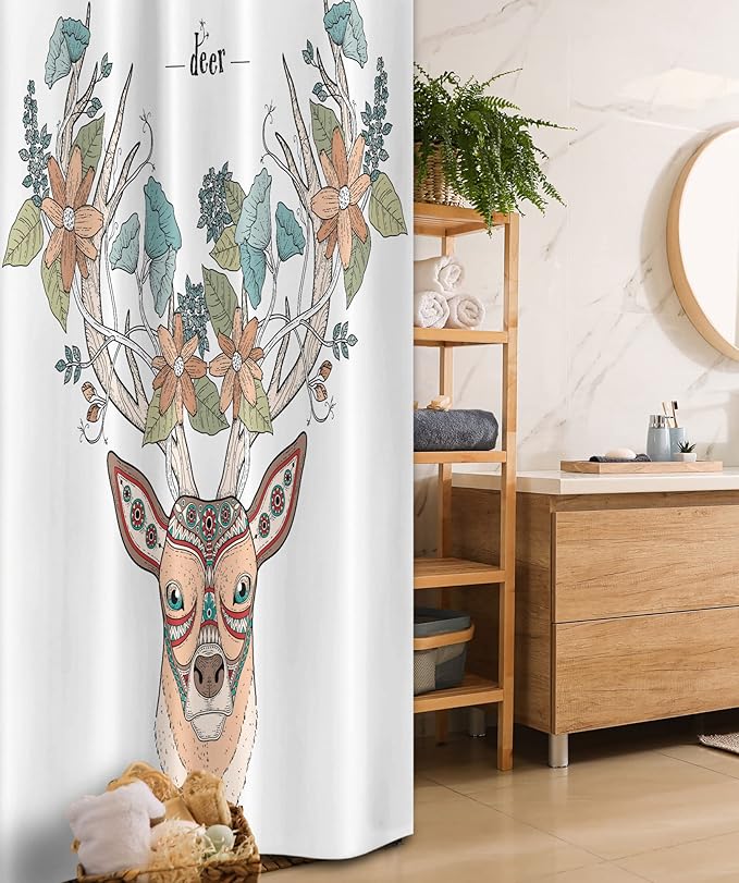 Ambesonne Antlers Stall Shower Curtain, Deer Head with Flowers Blooms Cultural Design Ornamental Illustration, Fabric Bathroom Decor Set with Hooks, 36" W x 72" L, Tan Green Teal