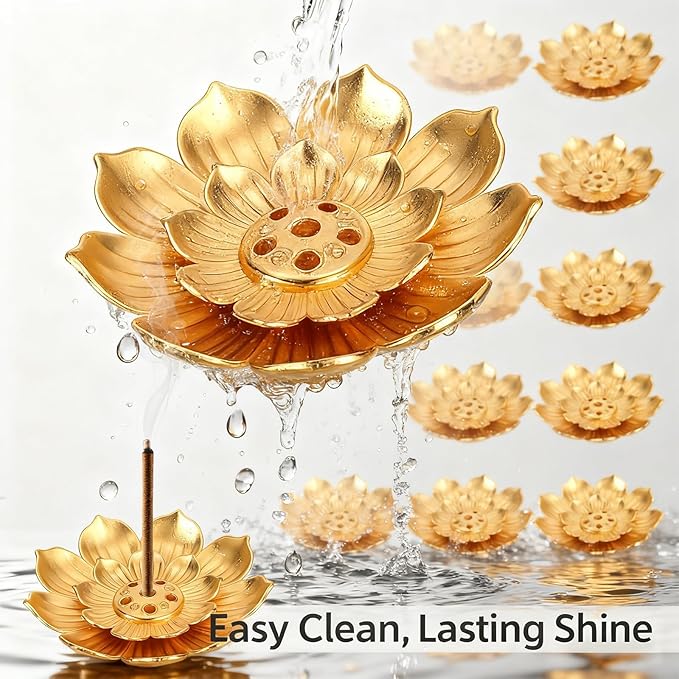 24PCS Large Lotus Incense Holder, 4.2’’ Gold Incense Burner for Sticks & Cones, Stable Metal Ash Catcher, Lotus Incense Holder for Meditation Yoga Home Decor