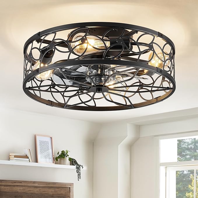 LEDIARY Caged Ceiling Fans with Lights, Black Flush Mount Ceiling Fan with Remote&App, Small Low Profile Bladeless Ceiling Fan Light Fixture for Bedroom, Kitchen, Dining Room.