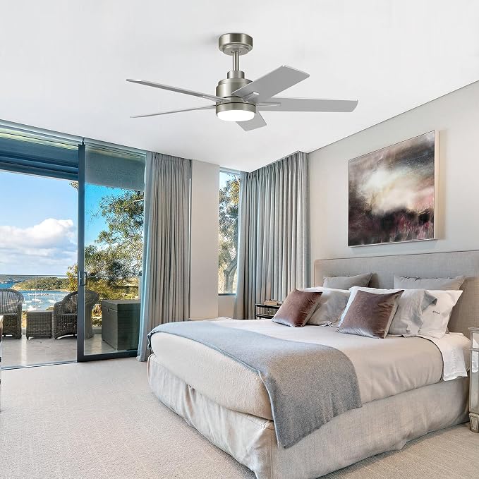 42 Inch Brushed Nickel Ceiling Fan with Light and Remote Control,Dimmable 3 Color Temperatures LED Ceiling Fan,6 Speeds Reversible DC Motor,5 Blades Modern Ceiling Fans for Indoor or Covered Outdoor