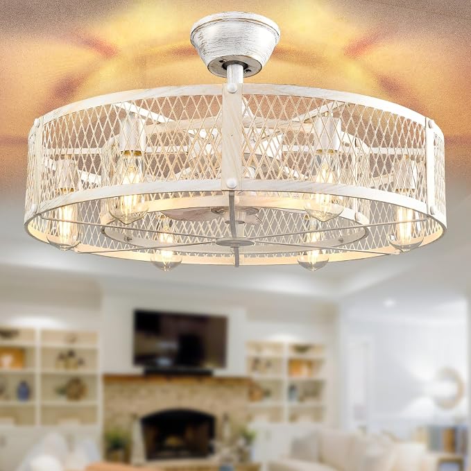 Depuley Cage Ceiling Fan with Light: Rustic Cement Caged Ceiling Fan Light Fixture - Flush Mount Ceiling Fans with Remote - 26 in Industrial Low Profile Fandelier for Kitchen Indoor Dining Room