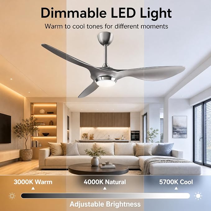 reiga Silver 52" Smart Ceiling Fan with Light, Quiet DC Bedroom 3 Blade Fan | Silent reversible motor, dimmable 3CCT LED light; remote/WiFi/voice control, 6&10in downrods, ETL certified for living room
