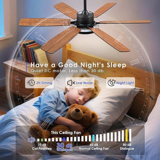 Hounberi 52 Inch Ceiling Fans with Lights and Remote, Modern Black Ceiling Fan with Light, Quiet DC Reversible Motor, 3CCT Dimmable, Modern Indoor Outdoor Ceiling Fan for Bedroom, Living Room