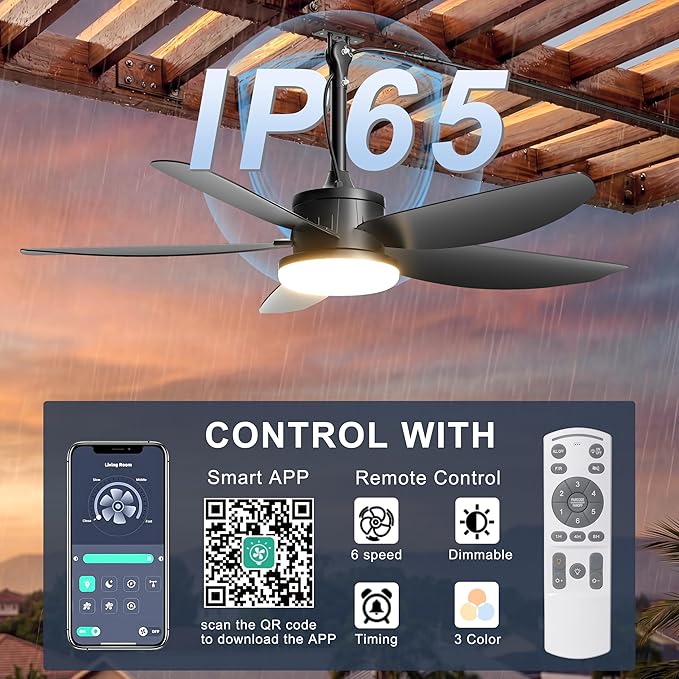 Outdoor Ceiling Fan with Lights, 42 Inch Plug in Gazebo Fans with Remote APP Control, Quiet DC Motor, Dimmable 3CCT, Waterproof Hanging Fans for Patios, Porch, Black