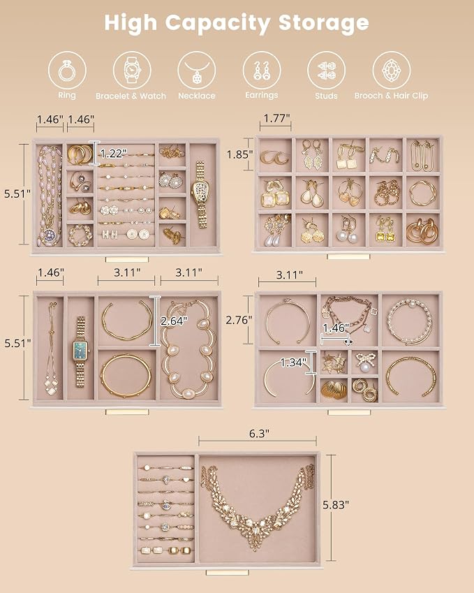Lolalet Jewelry Box Organizer, 5-Layer Jewelry Organizers and Storage Case with Glass Lid, Ring Earring Bracelet Necklace Holder Organizer, Birthday Valentine Gifts for Women Girls -5Layer, Beige