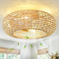 AIJIASI Boho Rattan Ceiling Fan with Light 20 Inch Flush Mount Caged Ceiling Fans with Light and Remote Control Enclosed 6 Speeds Low Profile Ceiling Fan Light for Bedroom Living Room Kitchen