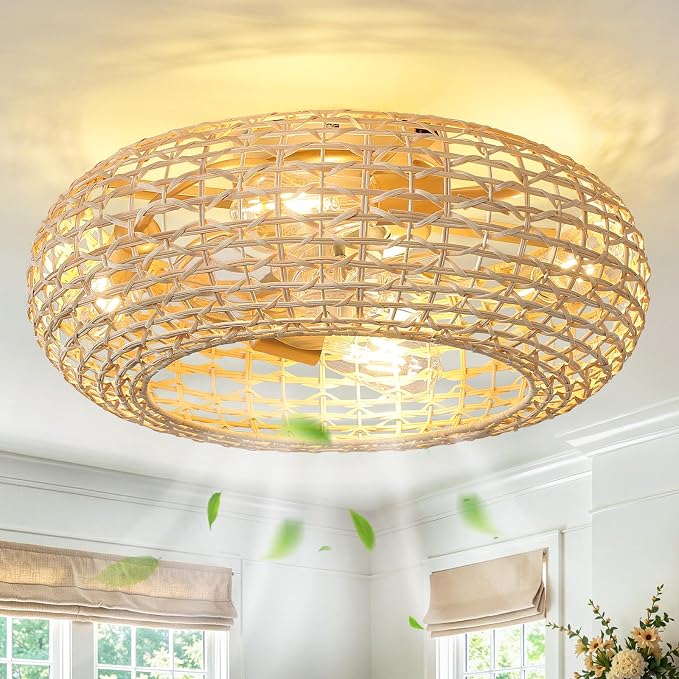 AIJIASI Boho Rattan Ceiling Fan with Light 20 Inch Flush Mount Caged Ceiling Fans with Light and Remote Control Enclosed 6 Speeds Low Profile Ceiling Fan Light for Bedroom Living Room Kitchen