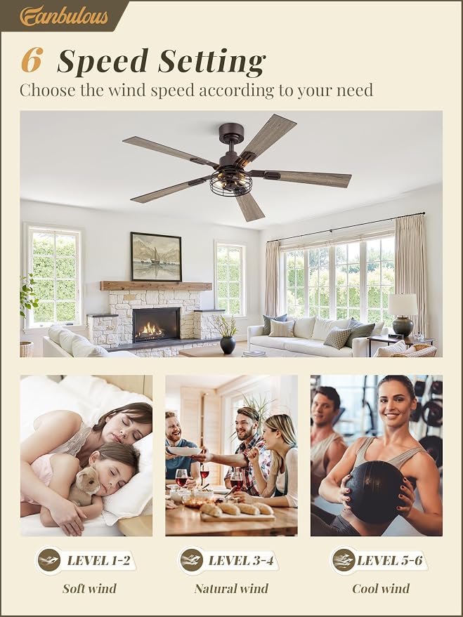 Fanbulous 2 Pack Farmhouse 48 Inch Ceiling Fans with Lights, Industrial Caged Ceiling Fans for Bedroom Living Room, Double-Sided 5 Blades Rustic Ceiling Fan-Oil Bronze