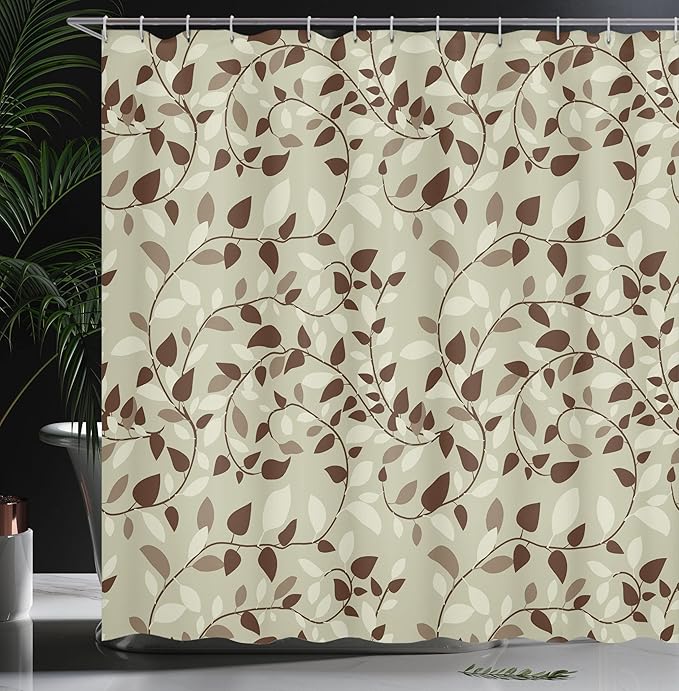 Ambesonne Leaf Shower Curtain, Pattern with Vines Leaves Nature Curvy Branches Plants Garden Floral Illustrated Art, Cloth Fabric Bathroom Decor Set with Hooks, 69" W x 75" L, Beige Brown