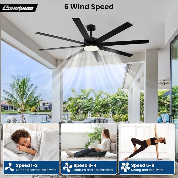 Conciseer Modern 72 Inch Ceiling Fans with Lights and Remote, Dual Color 8 Blades,Living Room Office Library Cafe Outdoor Industrial, 24W 3CCT 6 Speed Reversible Quiet DC Motor, Black/Wood Grain